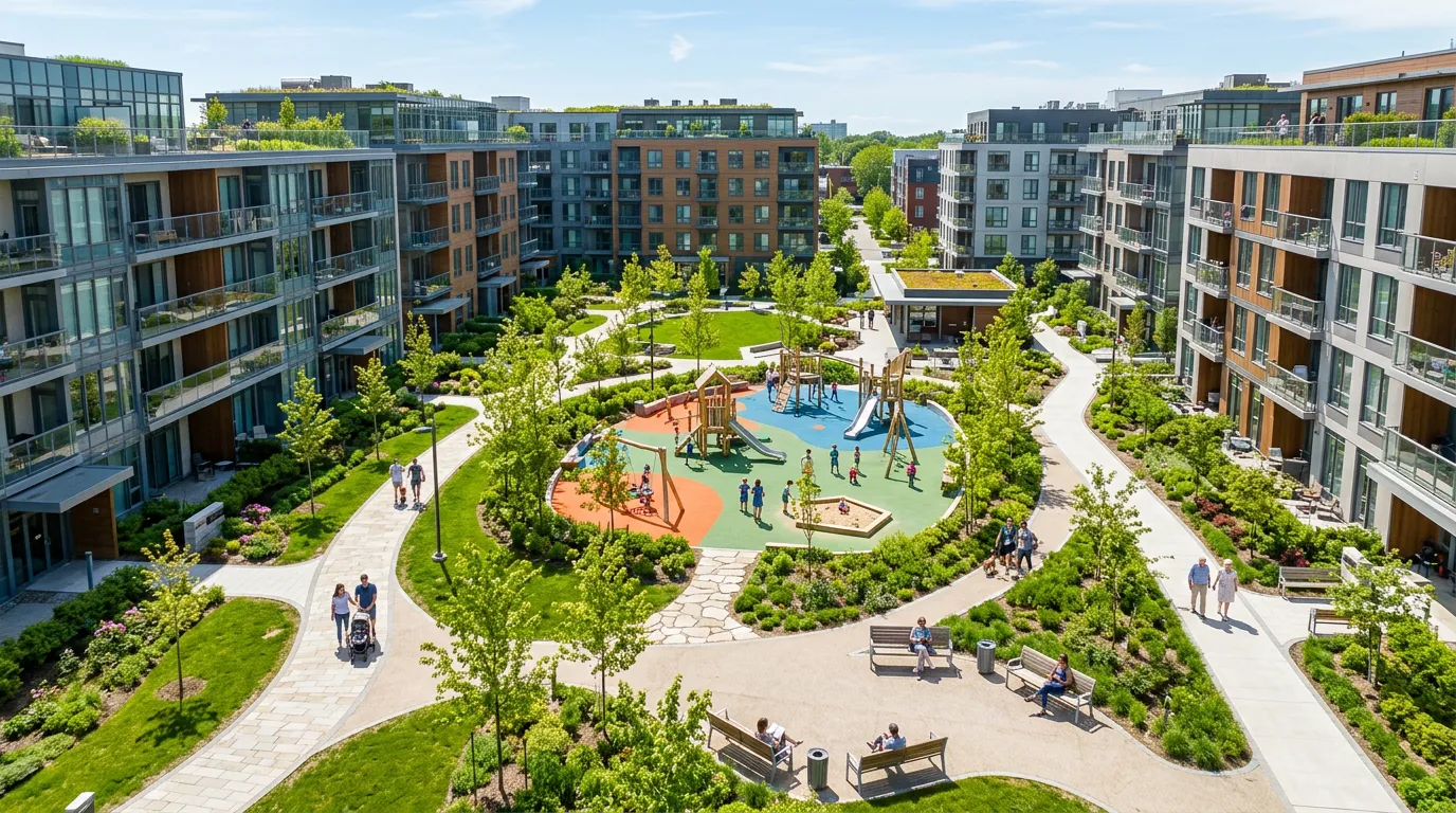 Благоустроенный двор с детской площадкой в ЖК История