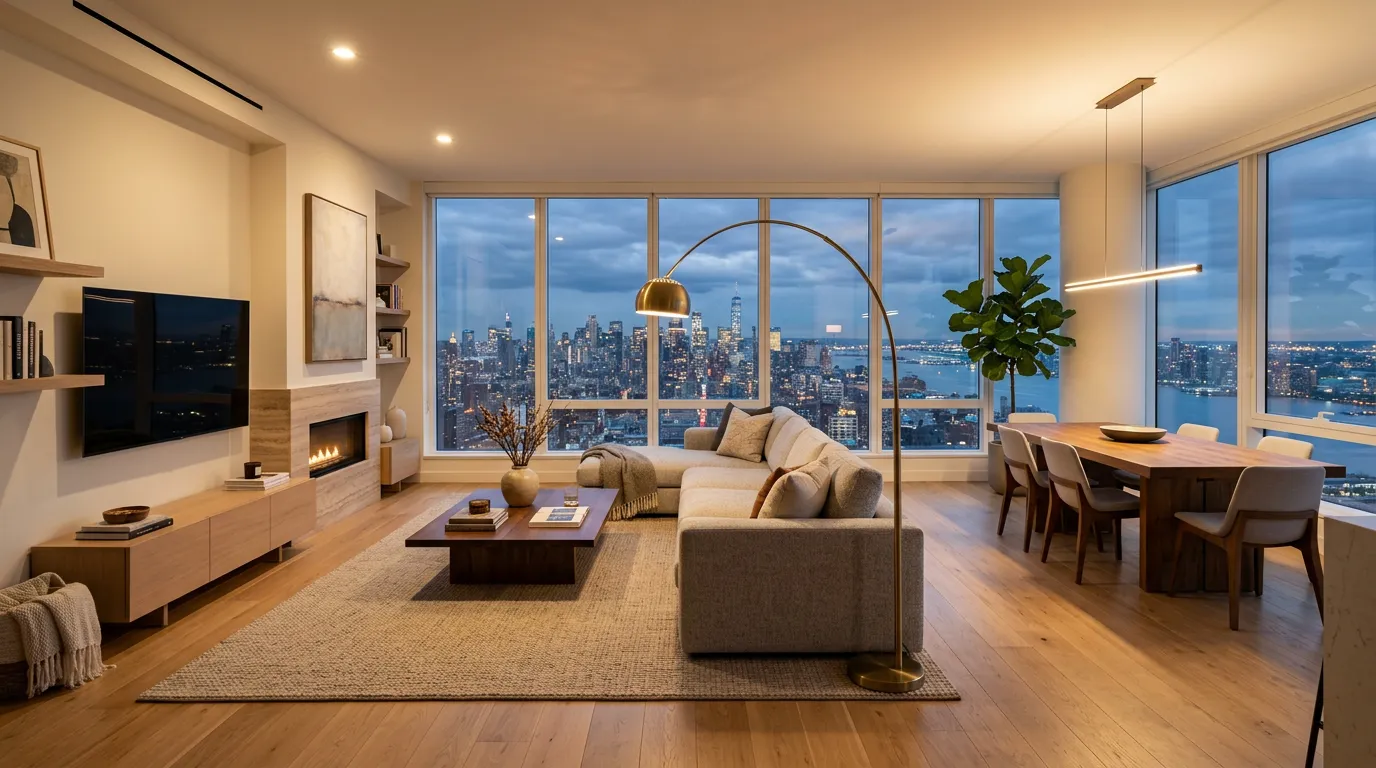 Просторная гостиная с панорамными окнами в ЖК История